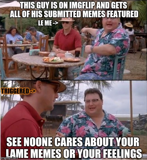 See Nobody Cares | THIS GUY IS ON IMGFLIP AND GETS ALL OF HIS SUBMITTED MEMES FEATURED; LE ME ->; TRIGGERED ->; SEE NOONE CARES ABOUT YOUR LAME MEMES OR YOUR FEELINGS | image tagged in memes,see nobody cares | made w/ Imgflip meme maker