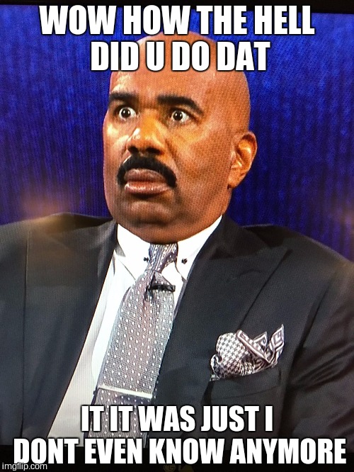 Steve Harvey WTF Face | WOW HOW THE HELL DID U DO DAT; IT IT WAS JUST I DONT EVEN KNOW ANYMORE | image tagged in steve harvey wtf face | made w/ Imgflip meme maker
