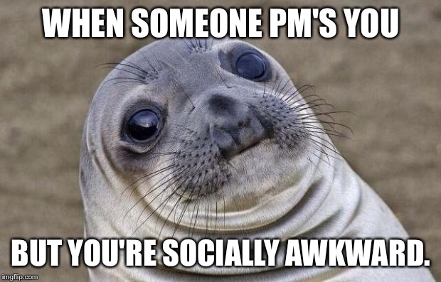 Awkward Moment Sealion | WHEN SOMEONE PM'S YOU; BUT YOU'RE SOCIALLY AWKWARD. | image tagged in memes,awkward moment sealion | made w/ Imgflip meme maker