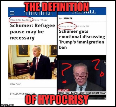 Can a politician's opinion on issues change based on who the current president is? | THE DEFINITION; OF HYPOCRISY | image tagged in refugees,chuck schumer,trump,obama,hypocrite | made w/ Imgflip meme maker
