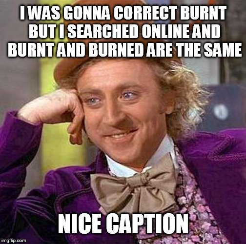 Creepy Condescending Wonka Meme | I WAS GONNA CORRECT BURNT BUT I SEARCHED ONLINE AND BURNT AND BURNED ARE THE SAME NICE CAPTION | image tagged in memes,creepy condescending wonka | made w/ Imgflip meme maker