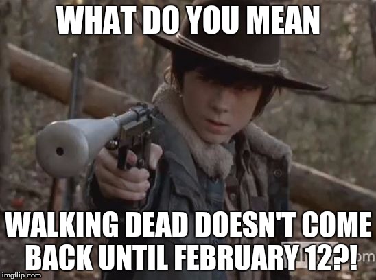 Carl wants TWD to return. | WHAT DO YOU MEAN; WALKING DEAD DOESN'T COME BACK UNTIL FEBRUARY 12?! | image tagged in carl grimes,walking dead,the walking dead,the walking dead coral | made w/ Imgflip meme maker