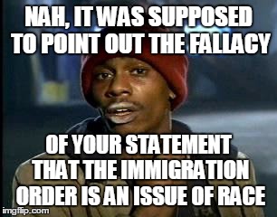 Y'all Got Any More Of That Meme | NAH, IT WAS SUPPOSED TO POINT OUT THE FALLACY OF YOUR STATEMENT THAT THE IMMIGRATION ORDER IS AN ISSUE OF RACE | image tagged in memes,yall got any more of | made w/ Imgflip meme maker