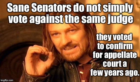 One Does Not Simply Meme | Sane Senators do not simply vote against the same judge they voted to confirm for appellate court a few years ago. | image tagged in memes,one does not simply | made w/ Imgflip meme maker