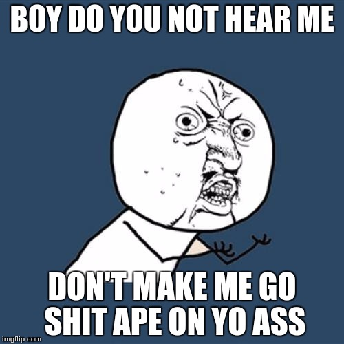 Y U No | BOY DO YOU NOT HEAR ME; DON'T MAKE ME GO SHIT APE ON YO ASS | image tagged in memes,y u no | made w/ Imgflip meme maker