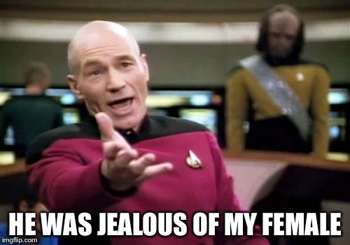 Picard Wtf Meme | HE WAS JEALOUS OF MY FEMALE | image tagged in memes,picard wtf | made w/ Imgflip meme maker