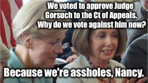 The real democrat discussions about Judge Gorsuch's confirmation hearings. | We voted to approve Judge Gorsuch to the Ct of Appeals.  Why do we vote against him now? Because we're assholes, Nancy. | image tagged in memes,gorsuch,supreme court,pelosi,warren,confirmation hearing | made w/ Imgflip meme maker