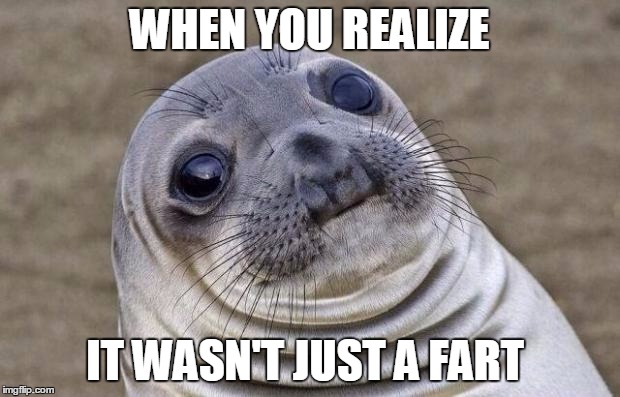 Awkward Moment Sealion | WHEN YOU REALIZE; IT WASN'T JUST A FART | image tagged in memes,awkward moment sealion | made w/ Imgflip meme maker