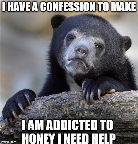 The Addiction is real | I HAVE A CONFESSION TO MAKE; I AM ADDICTED TO HONEY I NEED HELP | image tagged in memes,confession bear | made w/ Imgflip meme maker