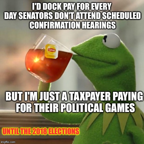 Taxpayers' Play for Pay! | I'D DOCK PAY FOR EVERY DAY SENATORS DON'T ATTEND SCHEDULED CONFIRMATION HEARINGS; BUT I'M JUST A TAXPAYER PAYING FOR THEIR POLITICAL GAMES; UNTIL THE 2018 ELECTIONS | image tagged in memes,kermit the frog,confirmation hearings,senator pay dock,play for pay | made w/ Imgflip meme maker