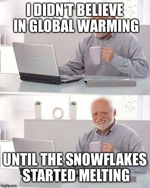 Hide the Pain Harold | I DIDN'T BELIEVE IN GLOBAL WARMING; UNTIL THE SNOWFLAKES STARTED MELTING | image tagged in memes,hide the pain harold | made w/ Imgflip meme maker