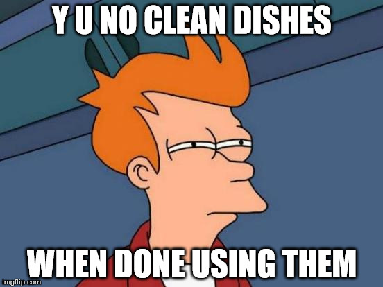 Futurama Fry | Y U NO CLEAN DISHES; WHEN DONE USING THEM | image tagged in memes,futurama fry | made w/ Imgflip meme maker