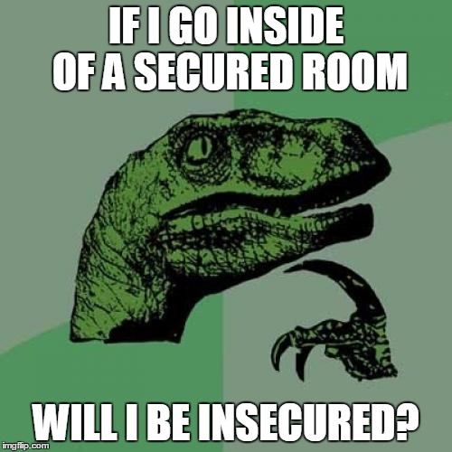 Philosoraptor Meme | IF I GO INSIDE OF A SECURED ROOM; WILL I BE INSECURED? | image tagged in memes,philosoraptor,security | made w/ Imgflip meme maker