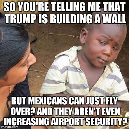 Third World Skeptical Kid | SO YOU'RE TELLING ME THAT TRUMP IS BUILDING A WALL; BUT MEXICANS CAN JUST FLY OVER? AND THEY AREN'T EVEN INCREASING AIRPORT SECURITY? | image tagged in memes,third world skeptical kid | made w/ Imgflip meme maker