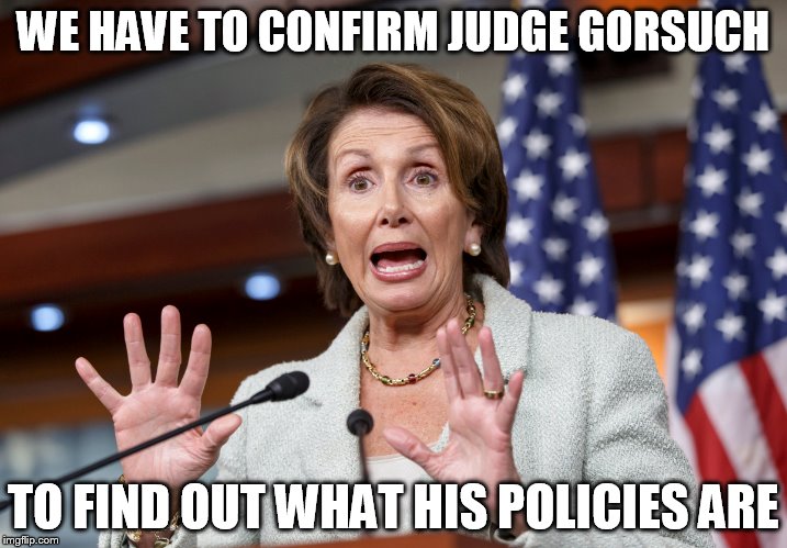 WE HAVE TO CONFIRM JUDGE GORSUCH; TO FIND OUT WHAT HIS POLICIES ARE | image tagged in pelosi,trump 2016,supreme court,obamacare | made w/ Imgflip meme maker