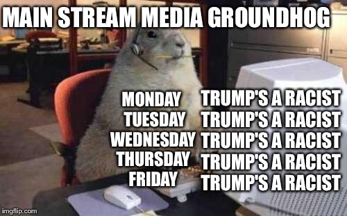 Mainstream media groundhog | MAIN STREAM MEDIA GROUNDHOG; TRUMP'S A RACIST TRUMP'S A RACIST TRUMP'S A RACIST TRUMP'S A RACIST TRUMP'S A RACIST; MONDAY  TUESDAY WEDNESDAY THURSDAY FRIDAY | image tagged in working groundhog,groundhog day,groundhog,mainstream media,biased media | made w/ Imgflip meme maker
