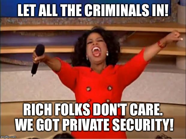 Oprah You Get A Meme | LET ALL THE CRIMINALS IN! RICH FOLKS DON'T CARE. WE GOT PRIVATE SECURITY! | image tagged in memes,oprah you get a | made w/ Imgflip meme maker
