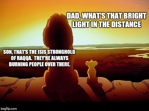 Lion King | DAD, WHAT'S THAT BRIGHT LIGHT IN THE DISTANCE; SON, THAT'S THE ISIS STRONGHOLD OF RAQQA.  THEY'RE ALWAYS BURNING PEOPLE OVER THERE. | image tagged in memes,lion king | made w/ Imgflip meme maker