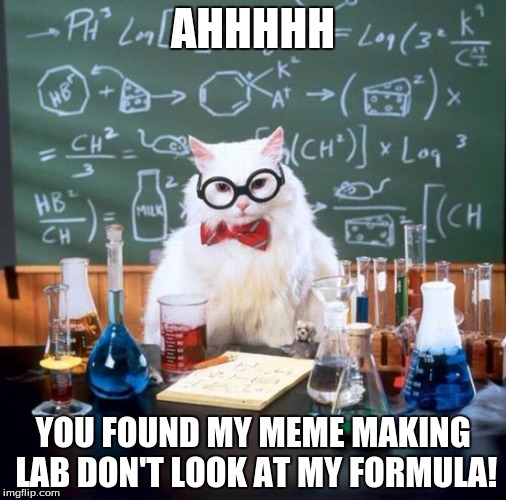 Chemistry Cat Meme | AHHHHH; YOU FOUND MY MEME MAKING LAB DON'T LOOK AT MY FORMULA! | image tagged in memes,chemistry cat | made w/ Imgflip meme maker