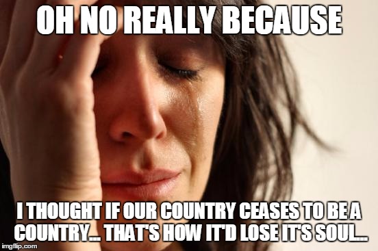 First World Problems Meme | OH NO REALLY BECAUSE I THOUGHT IF OUR COUNTRY CEASES TO BE A COUNTRY... THAT'S HOW IT'D LOSE IT'S SOUL... | image tagged in memes,first world problems | made w/ Imgflip meme maker