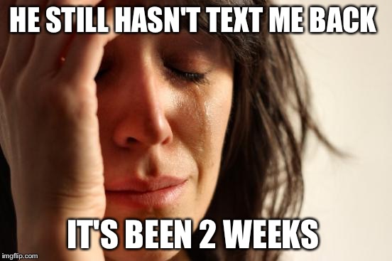 First World Problems | HE STILL HASN'T TEXT ME BACK; IT'S BEEN 2 WEEKS | image tagged in memes,first world problems | made w/ Imgflip meme maker