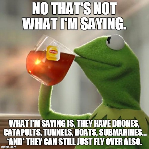 But That's None Of My Business Meme | NO THAT'S NOT WHAT I'M SAYING. WHAT I'M SAYING IS, THEY HAVE DRONES, CATAPULTS, TUNNELS, BOATS, SUBMARINES... *AND* THEY CAN STILL JUST FLY  | image tagged in memes,but thats none of my business,kermit the frog | made w/ Imgflip meme maker