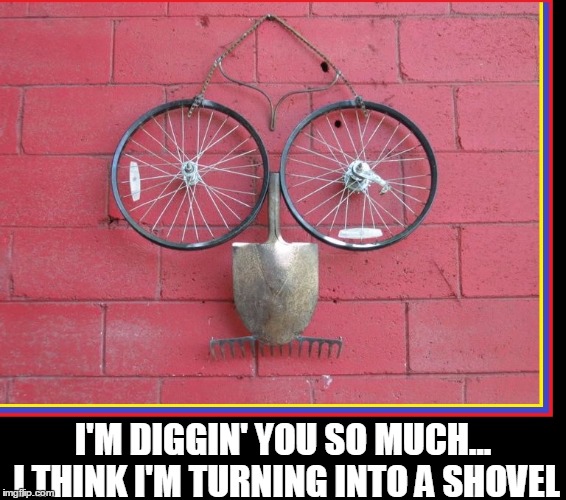 I'm Diggin You So Much! | I'M DIGGIN' YOU SO MUCH... I THINK I'M TURNING INTO A SHOVEL | image tagged in bike tires for eyes,shovel for nose,rake for mustache,vince vance,face out of spare parts,shovel | made w/ Imgflip meme maker