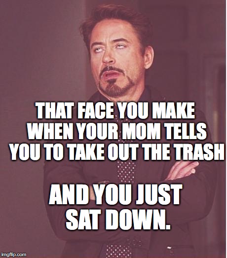 Face You Make Robert Downey Jr Meme | THAT FACE YOU MAKE WHEN YOUR MOM TELLS YOU TO TAKE OUT THE TRASH; AND YOU JUST SAT DOWN. | image tagged in memes,face you make robert downey jr | made w/ Imgflip meme maker