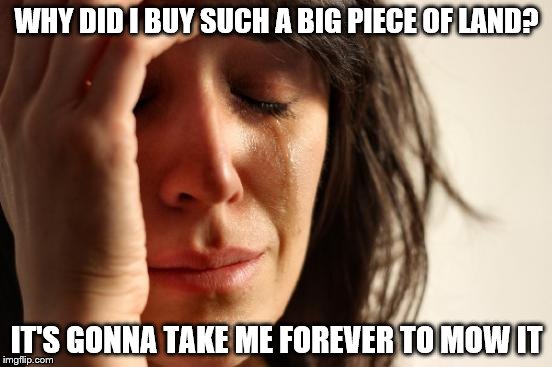 First World Problems | WHY DID I BUY SUCH A BIG PIECE OF LAND? IT'S GONNA TAKE ME FOREVER TO MOW IT | image tagged in memes,first world problems | made w/ Imgflip meme maker