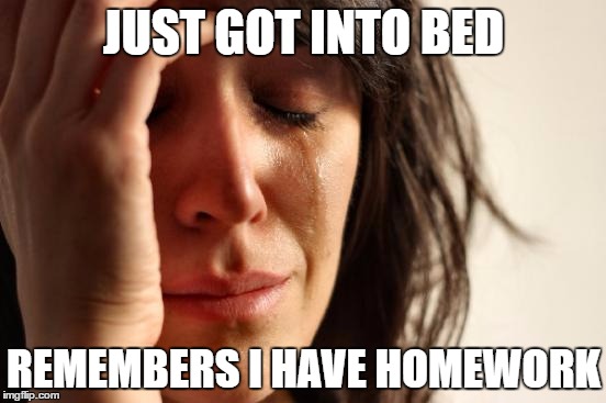 First World Problems | JUST GOT INTO BED; REMEMBERS I HAVE HOMEWORK | image tagged in memes,first world problems | made w/ Imgflip meme maker