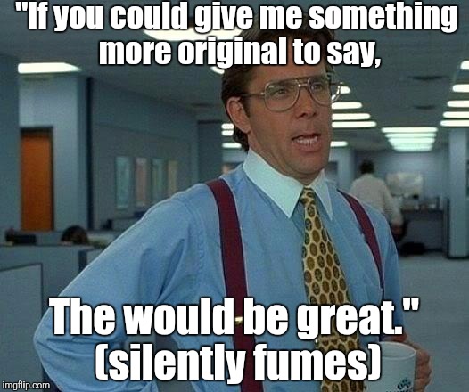 I submitted before I could fix my typo, but, I'm sure you all get it :) | "If you could give me something more original to say, The would be great." (silently fumes) | image tagged in memes,that would be great | made w/ Imgflip meme maker