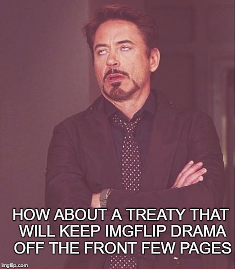 Face You Make Robert Downey Jr Meme | HOW ABOUT A TREATY THAT WILL KEEP IMGFLIP DRAMA OFF THE FRONT FEW PAGES | image tagged in memes,face you make robert downey jr | made w/ Imgflip meme maker