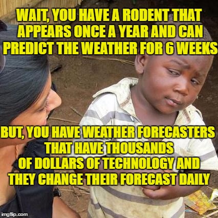 Happy Groundhog Day | WAIT, YOU HAVE A RODENT THAT APPEARS ONCE A YEAR AND CAN PREDICT THE WEATHER FOR 6 WEEKS; BUT, YOU HAVE WEATHER FORECASTERS THAT HAVE THOUSANDS OF DOLLARS OF TECHNOLOGY AND THEY CHANGE THEIR FORECAST DAILY | image tagged in memes,third world skeptical kid,groundhog day | made w/ Imgflip meme maker