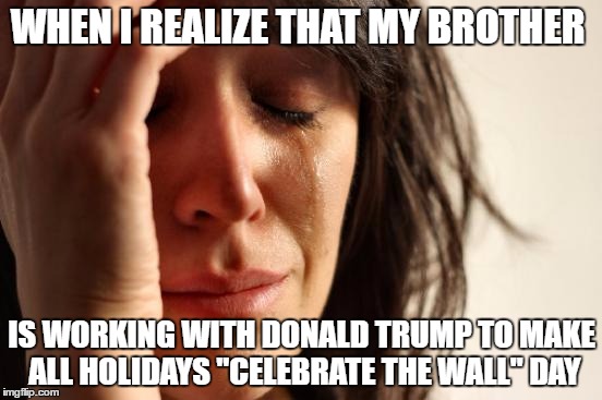 First World Problems | WHEN I REALIZE THAT MY BROTHER; IS WORKING WITH DONALD TRUMP TO MAKE ALL HOLIDAYS "CELEBRATE THE WALL" DAY | image tagged in memes,first world problems | made w/ Imgflip meme maker
