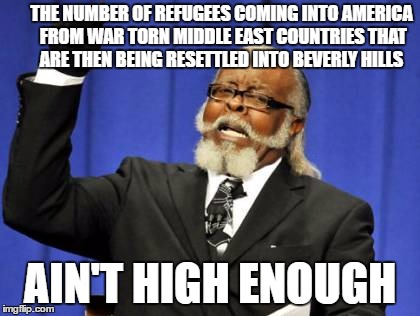 Time for those in the Hollywood Community who criticize the Trump Administrations actions  to put up or shut up! | THE NUMBER OF REFUGEES COMING INTO AMERICA FROM WAR TORN MIDDLE EAST COUNTRIES THAT ARE THEN BEING RESETTLED INTO BEVERLY HILLS; AIN'T HIGH ENOUGH | image tagged in memes,too damn high,immigration,boycott hollywood,its time,not funny | made w/ Imgflip meme maker