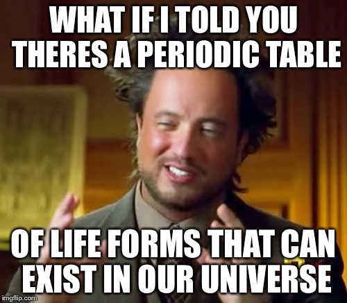 Ancient Aliens Meme | WHAT IF I TOLD YOU THERES A PERIODIC TABLE OF LIFE FORMS THAT CAN EXIST IN OUR UNIVERSE | image tagged in memes,ancient aliens | made w/ Imgflip meme maker
