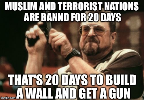 Am I The Only One Around Here | MUSLIM AND TERRORIST NATIONS ARE BANND FOR 20 DAYS; THAT'S 20 DAYS TO BUILD A WALL AND GET A GUN | image tagged in memes,am i the only one around here | made w/ Imgflip meme maker