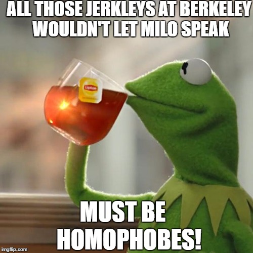 But That's None Of My Business | ALL THOSE JERKLEYS AT BERKELEY WOULDN'T LET MILO SPEAK; MUST BE; HOMOPHOBES! | image tagged in memes,but thats none of my business,kermit the frog | made w/ Imgflip meme maker