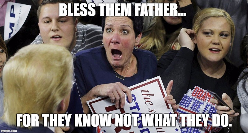 bless them | BLESS THEM FATHER... FOR THEY KNOW NOT WHAT THEY DO. | image tagged in trump,jesus,trump supporters,bible | made w/ Imgflip meme maker