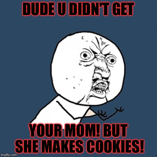 Y U No Meme | DUDE U DIDN'T GET; YOUR MOM! BUT SHE MAKES COOKIES! | image tagged in memes,y u no | made w/ Imgflip meme maker