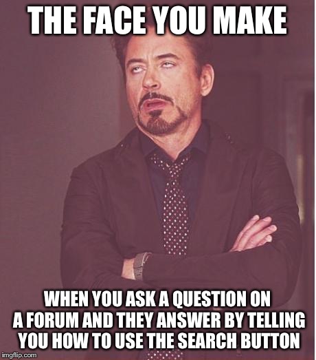 Face You Make Robert Downey Jr | THE FACE YOU MAKE; WHEN YOU ASK A QUESTION ON A FORUM AND THEY ANSWER BY TELLING YOU HOW TO USE THE SEARCH BUTTON | image tagged in memes,face you make robert downey jr | made w/ Imgflip meme maker