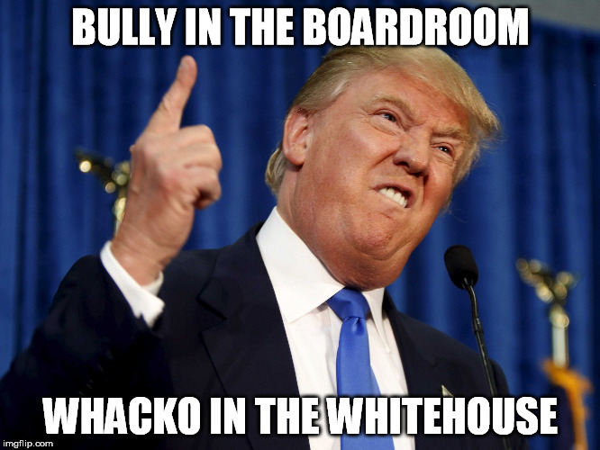 Whacko Trump | BULLY IN THE BOARDROOM; WHACKO IN THE WHITEHOUSE | image tagged in whacko trump | made w/ Imgflip meme maker