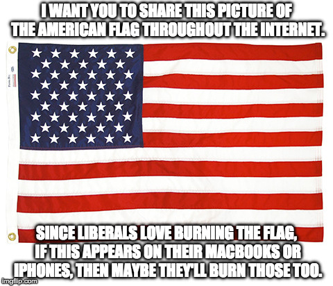 I can get tolerate the whole flag burning movement now. | I WANT YOU TO SHARE THIS PICTURE OF THE AMERICAN FLAG THROUGHOUT THE INTERNET. SINCE LIBERALS LOVE BURNING THE FLAG, IF THIS APPEARS ON THEIR MACBOOKS OR IPHONES, THEN MAYBE THEY'LL BURN THOSE TOO. | image tagged in liberal logic,stupid liberals,libtards,flag burning,american flag | made w/ Imgflip meme maker