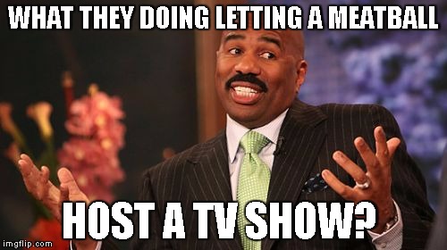 Steve Harvey Meme | WHAT THEY DOING LETTING A MEATBALL; HOST A TV SHOW? | image tagged in memes,steve harvey | made w/ Imgflip meme maker