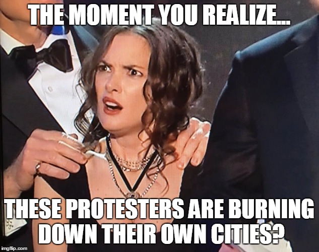 Winona Face | THE MOMENT YOU REALIZE... THESE PROTESTERS ARE BURNING DOWN THEIR OWN CITIES? | image tagged in winona face | made w/ Imgflip meme maker