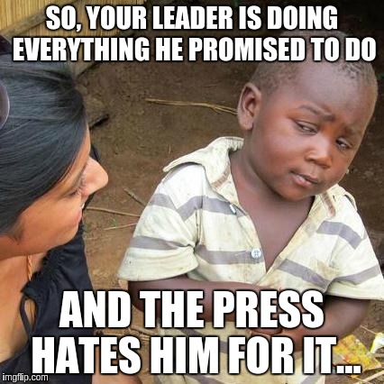Third World Skeptical Kid | SO, YOUR LEADER IS DOING EVERYTHING HE PROMISED TO DO; AND THE PRESS HATES HIM FOR IT... | image tagged in memes,third world skeptical kid | made w/ Imgflip meme maker