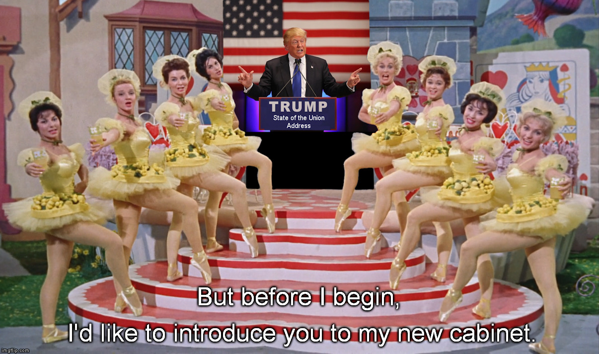 Trump's First State of the Union Address | But before I begin, I'd like to introduce you to my new cabinet. | image tagged in state of the union address | made w/ Imgflip meme maker