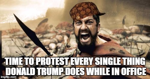 Sparta Leonidas | TIME TO PROTEST EVERY SINGLE THING DONALD TRUMP DOES WHILE IN OFFICE | image tagged in memes,sparta leonidas,scumbag | made w/ Imgflip meme maker