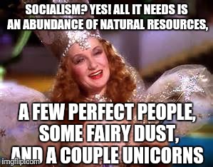 A pinch of salt, some naivety... | SOCIALISM? YES! ALL IT NEEDS IS AN ABUNDANCE OF NATURAL RESOURCES, A FEW PERFECT PEOPLE, SOME FAIRY DUST, AND A COUPLE UNICORNS | image tagged in glenda witch | made w/ Imgflip meme maker