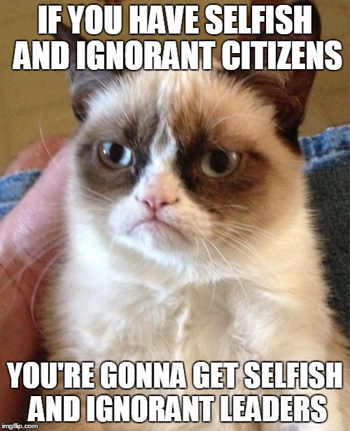 Grumpy Cat | IF YOU HAVE SELFISH AND IGNORANT CITIZENS; YOU'RE GONNA GET SELFISH AND IGNORANT LEADERS | image tagged in memes,grumpy cat | made w/ Imgflip meme maker